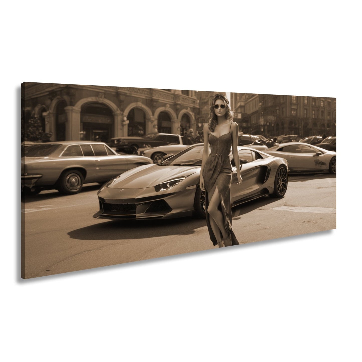 Leinwandbild Elegante Silhouette vor einem futurischen Supersportwagen - deyoli