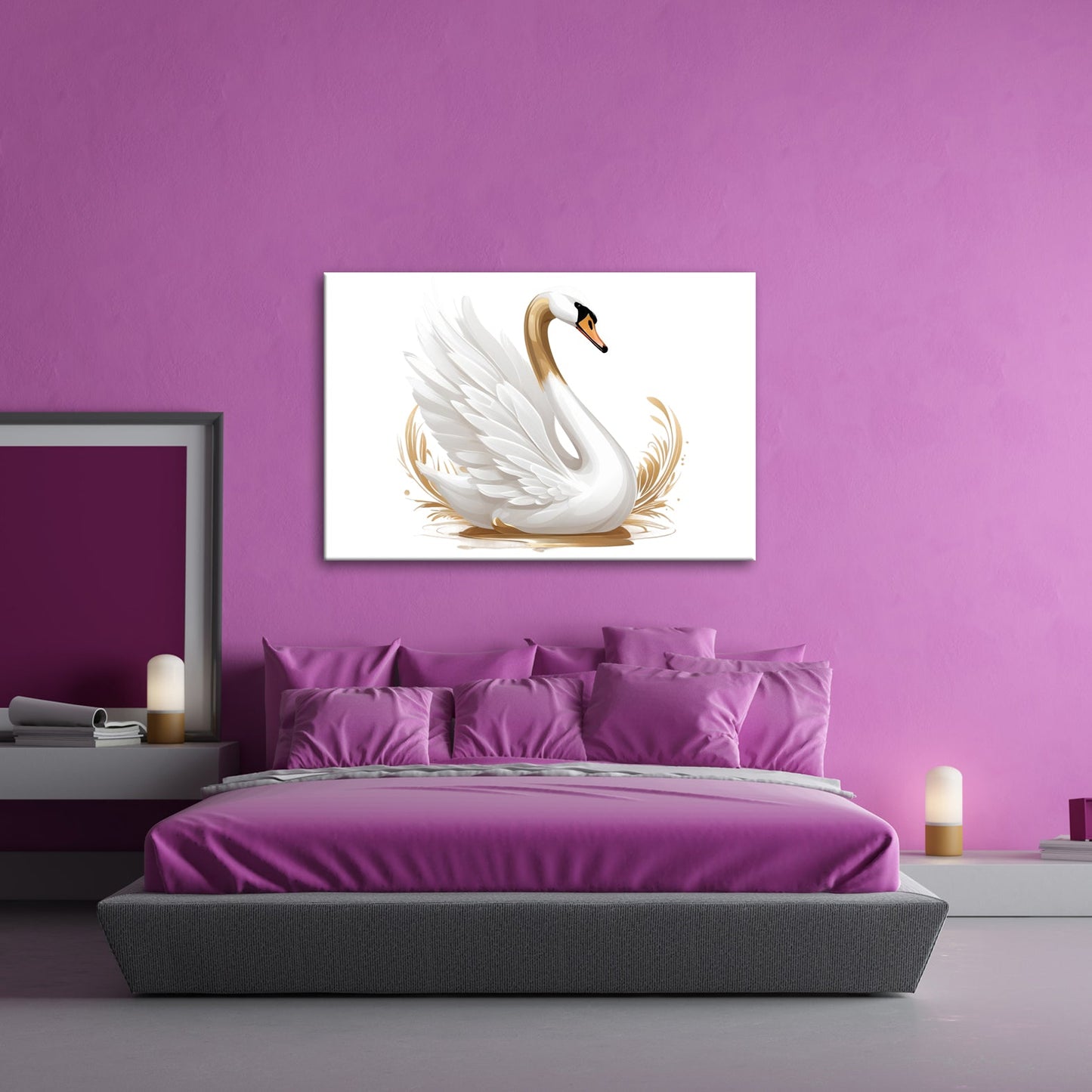 Leinwandbild Eleganter Schwan mit goldenen Wasserspritzern - deyoli