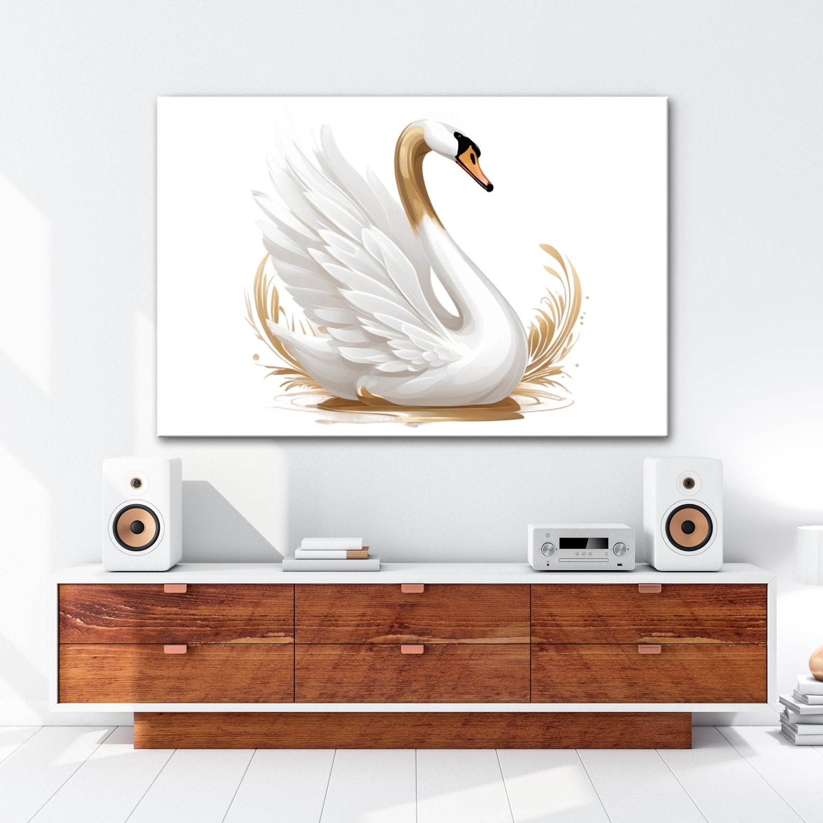 Leinwandbild Eleganter Schwan mit goldenen Wasserspritzern - deyoli