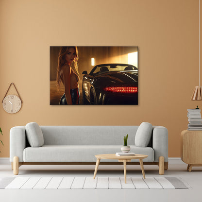 Leinwandbild Eleganz und Motorpower im warmen Schein einer Luxusgarage - deyoli