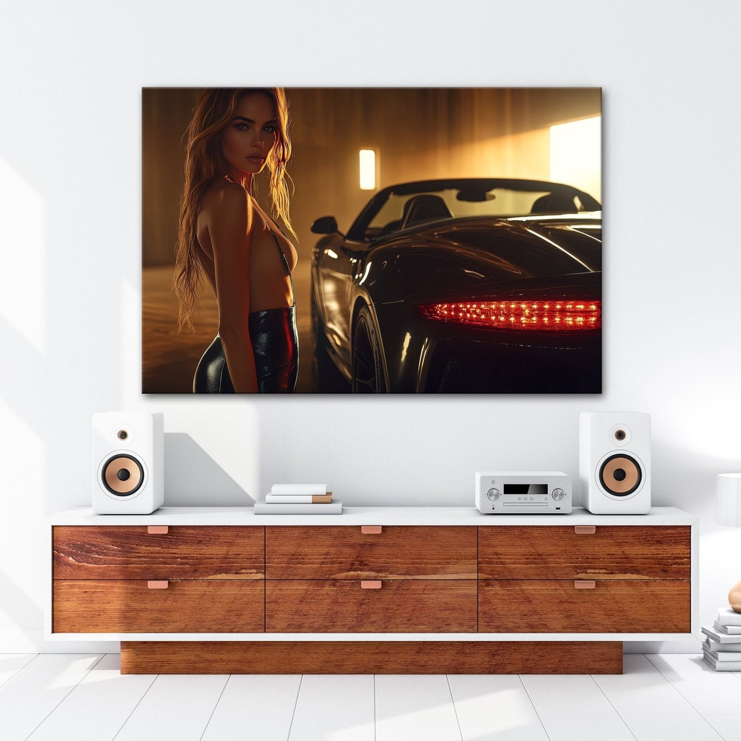 Leinwandbild Eleganz und Motorpower im warmen Schein einer Luxusgarage - deyoli