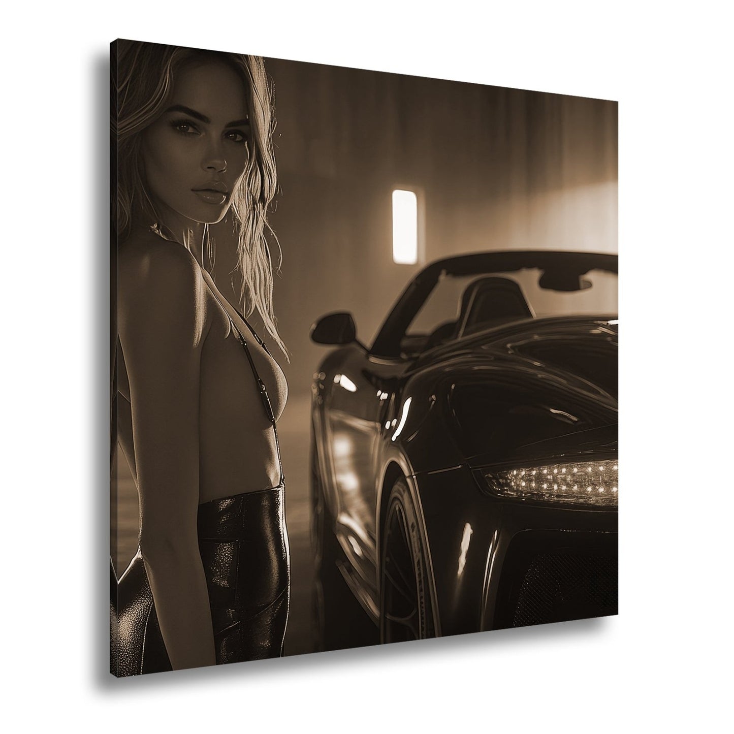 Leinwandbild Eleganz und Motorpower im warmen Schein einer Luxusgarage - deyoli