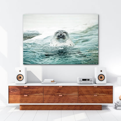 Leinwandbild Entspannte Robbe – Eisiges Wasser XXL Wandbild - deyoli