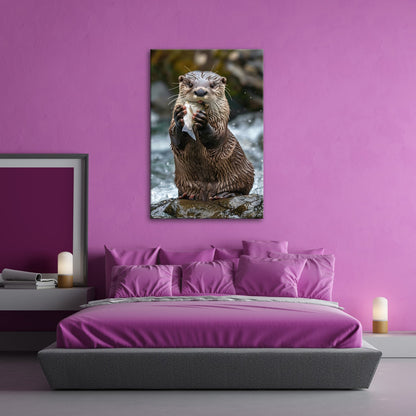 Leinwandbild Fang des Tages – Otterglück mit tropfender Beute. - deyoli