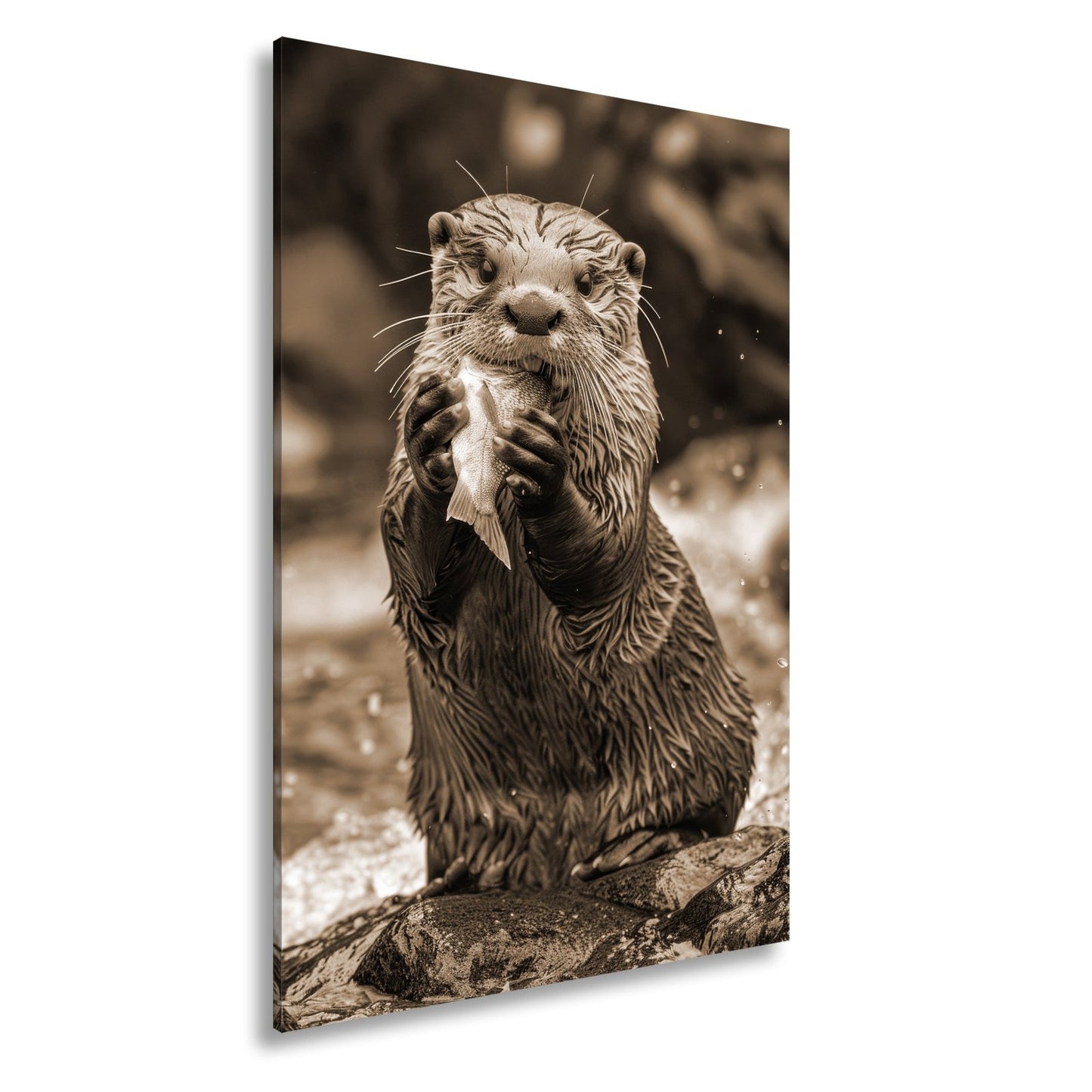 Leinwandbild Fang des Tages – Otterglück mit tropfender Beute. - deyoli