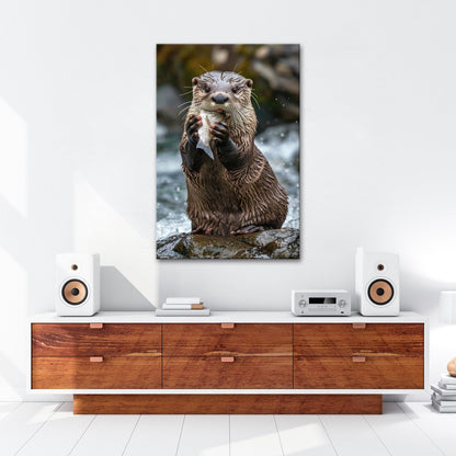 Leinwandbild Fang des Tages – Otterglück mit tropfender Beute. - deyoli