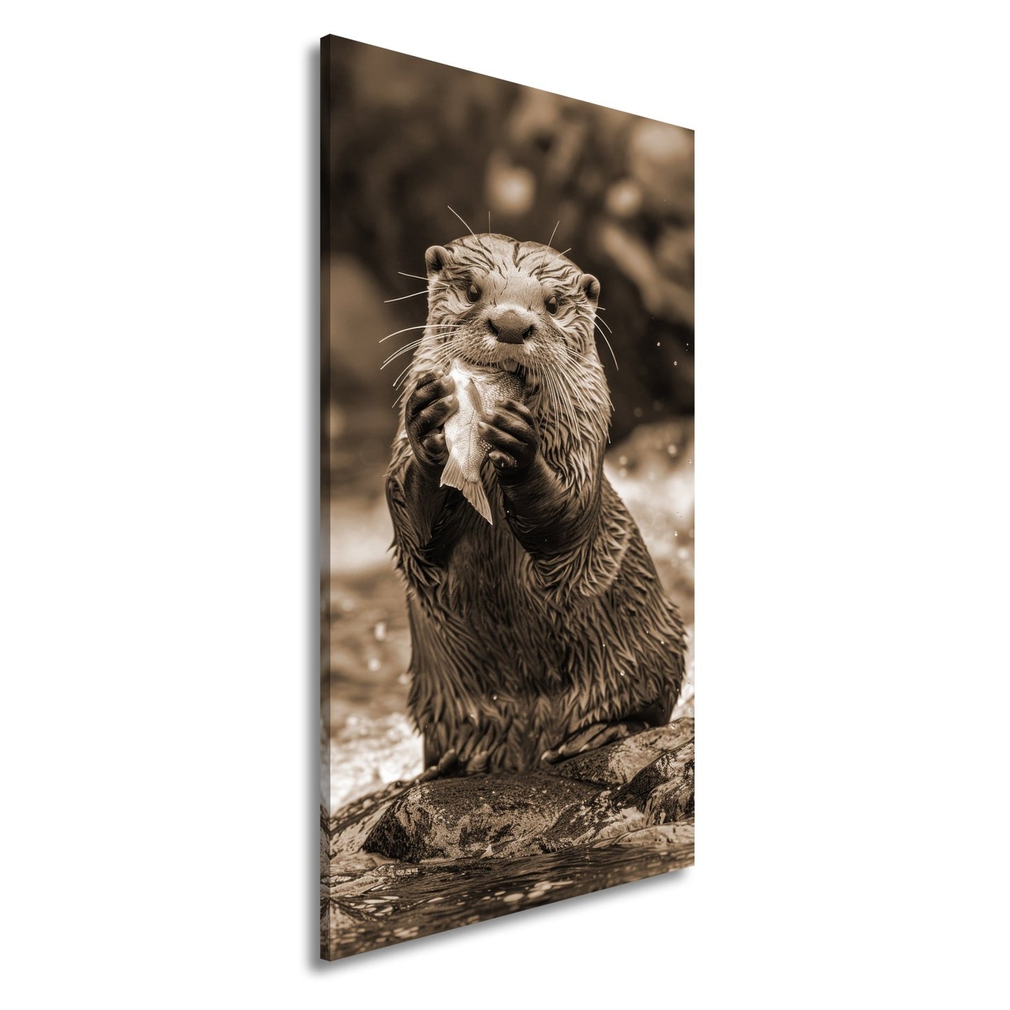 Leinwandbild Fang des Tages – Otterglück mit tropfender Beute. - deyoli