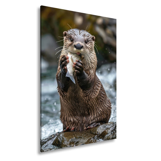 Leinwandbild Fang des Tages – Otterglück mit tropfender Beute. - deyoli