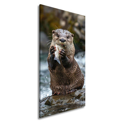 Leinwandbild Fang des Tages – Otterglück mit tropfender Beute. - deyoli