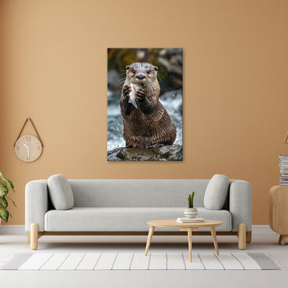Leinwandbild Fang des Tages – Otterglück mit tropfender Beute. - deyoli
