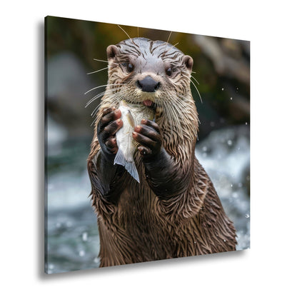 Leinwandbild Fang des Tages – Otterglück mit tropfender Beute. - deyoli