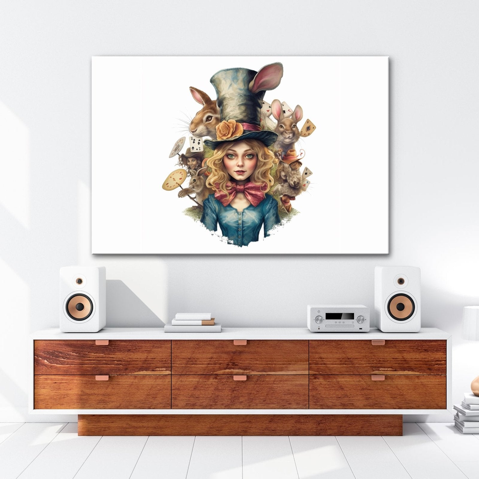 Leinwandbild Fantasiewelt XXL – Verspielt mit Karten, Kaninchen und neugierigem Blick - deyoli
