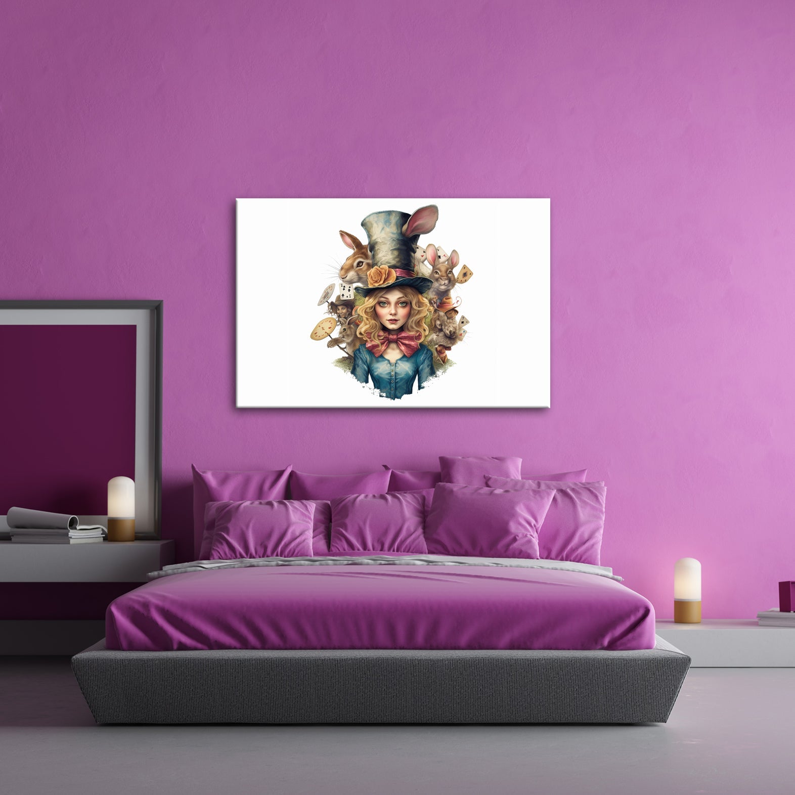 Leinwandbild Fantasiewelt XXL – Verspielt mit Karten, Kaninchen und neugierigem Blick - deyoli