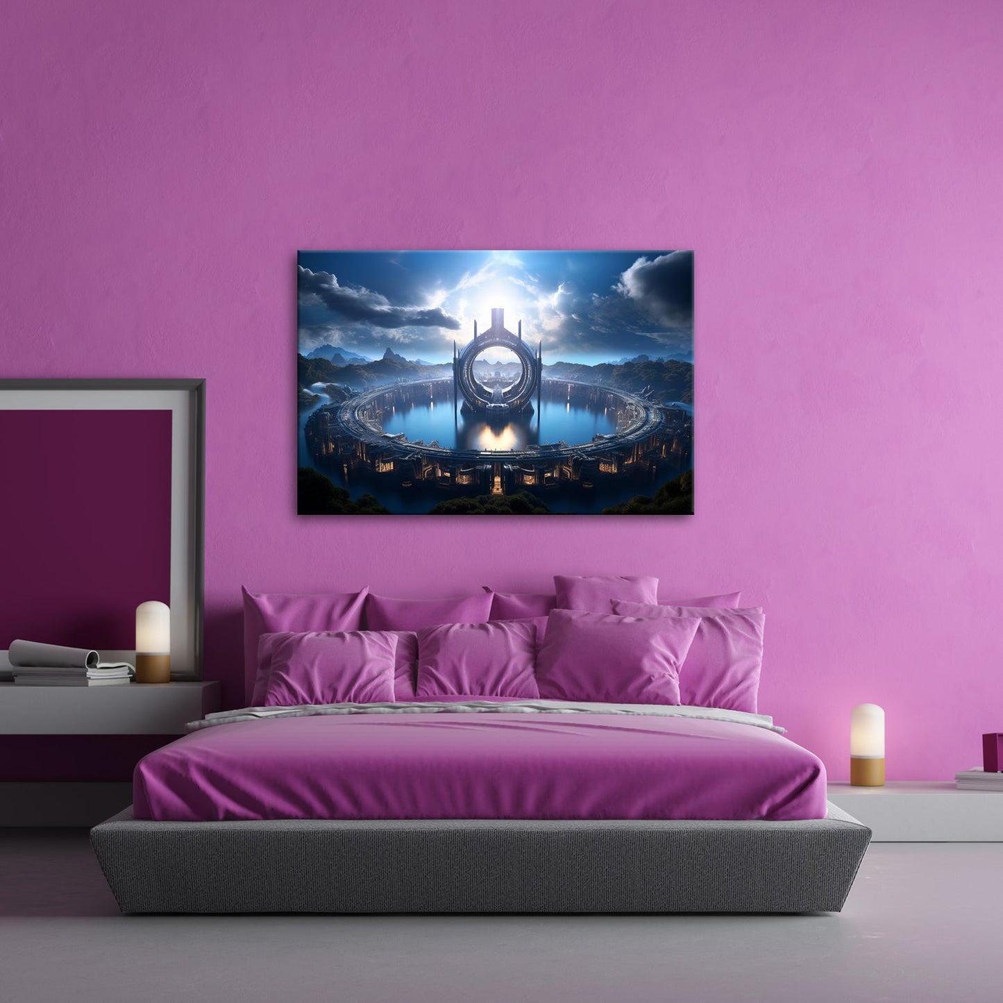 Leinwandbild Fantastische Zukunftsstadt – Himmlische Symmetrie XXL - deyoli