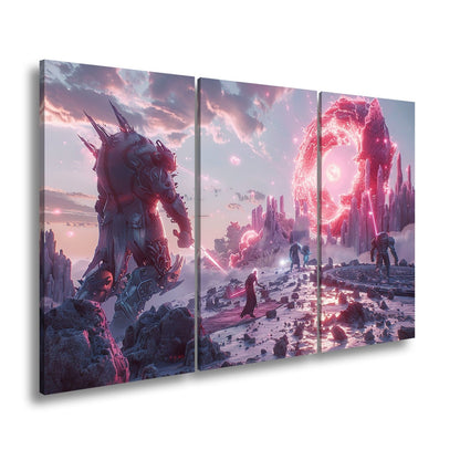 Leinwandbild Fantasy XXL – Epischer Kampf in neonleuchtender Fantasiewelt - deyoli