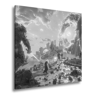 Leinwandbild Fantasy XXL – Epischer Kampf in neonleuchtender Fantasiewelt - deyoli