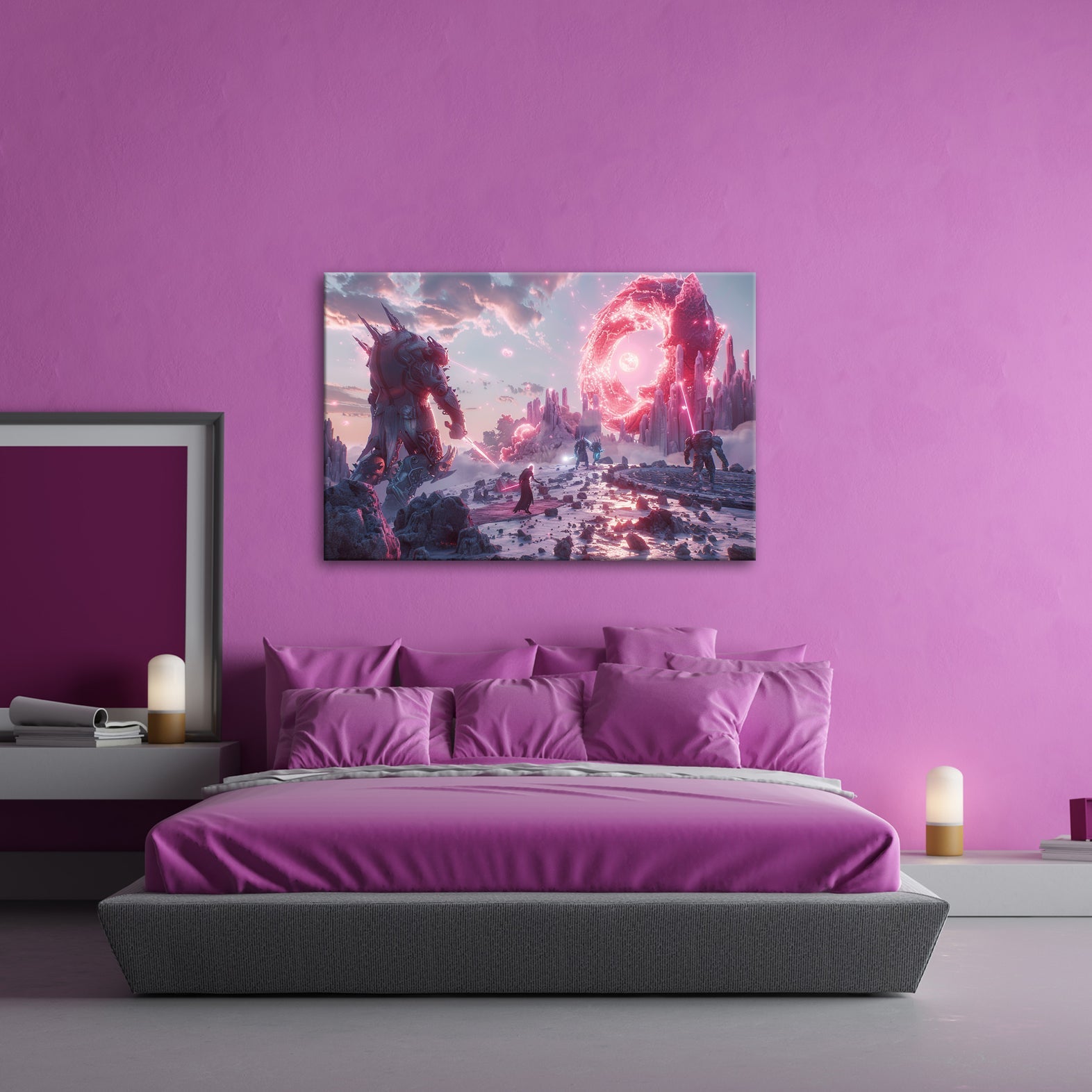 Leinwandbild Fantasy XXL – Epischer Kampf in neonleuchtender Fantasiewelt - deyoli