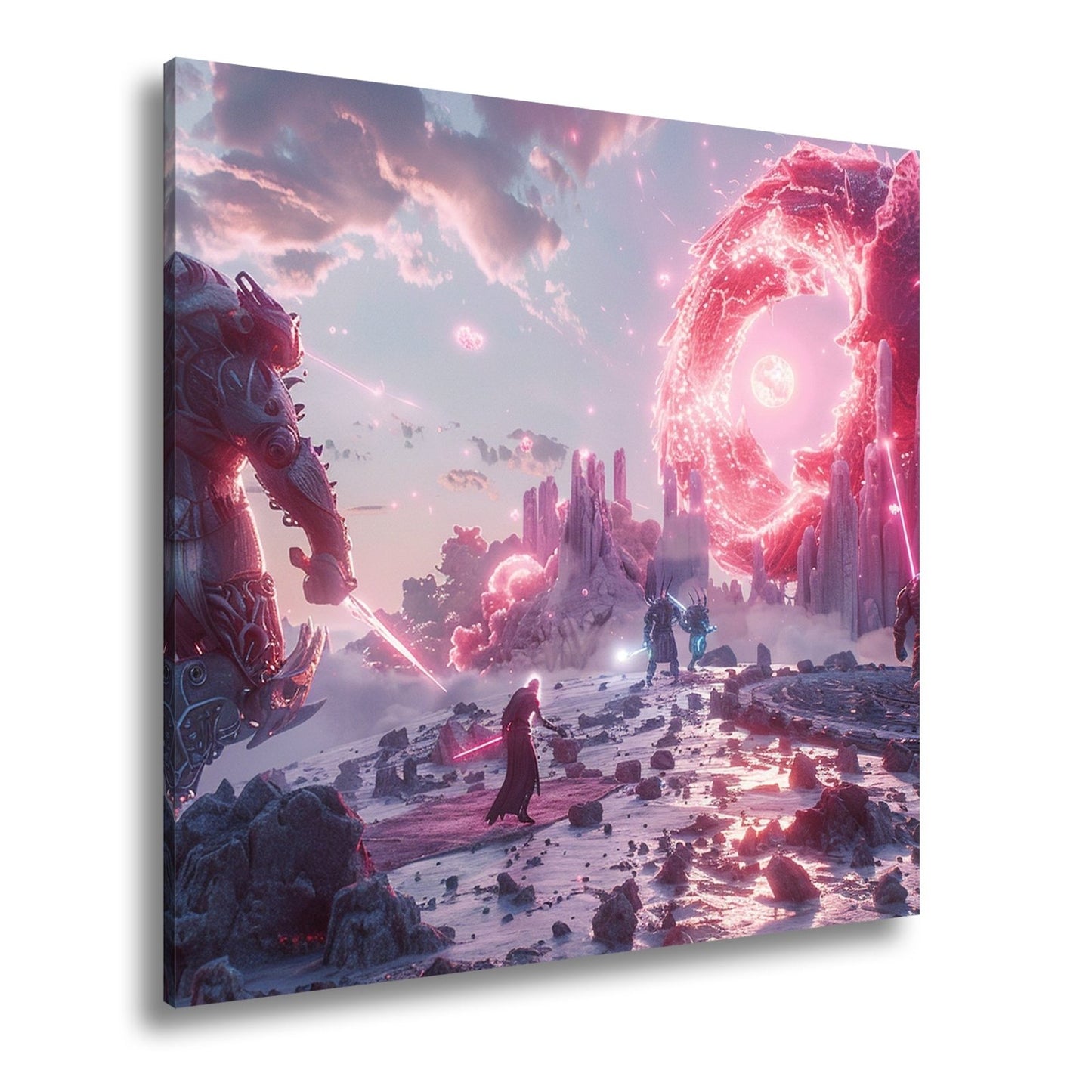 Leinwandbild Fantasy XXL – Epischer Kampf in neonleuchtender Fantasiewelt - deyoli