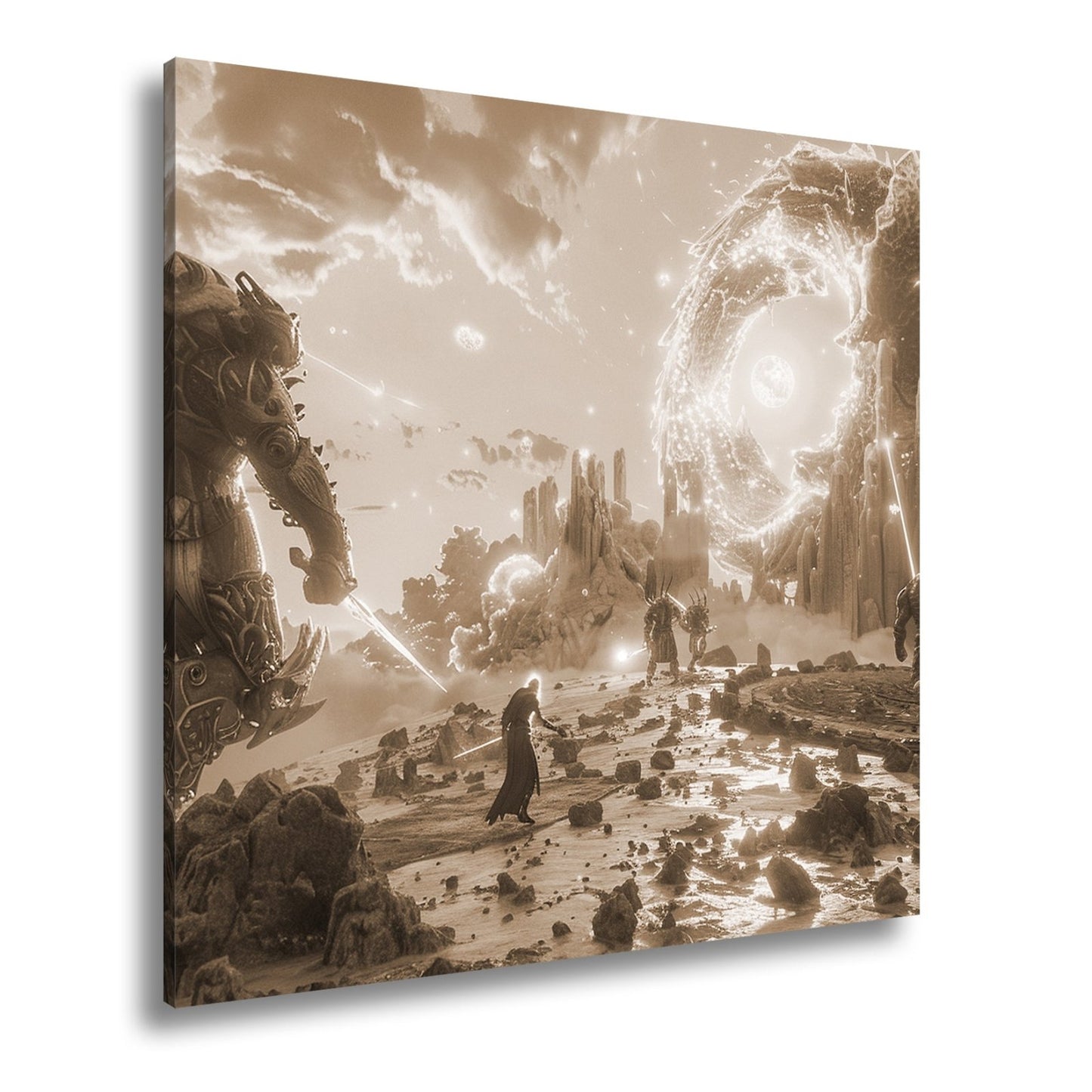Leinwandbild Fantasy XXL – Epischer Kampf in neonleuchtender Fantasiewelt - deyoli