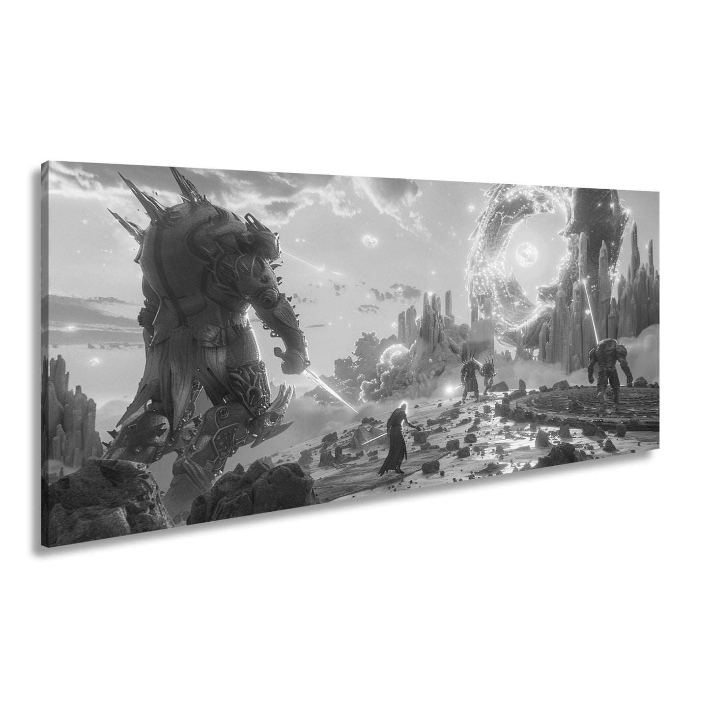 Leinwandbild Fantasy XXL – Epischer Kampf in neonleuchtender Fantasiewelt - deyoli