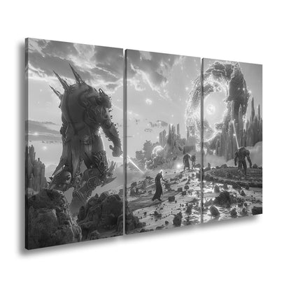 Leinwandbild Fantasy XXL – Epischer Kampf in neonleuchtender Fantasiewelt - deyoli