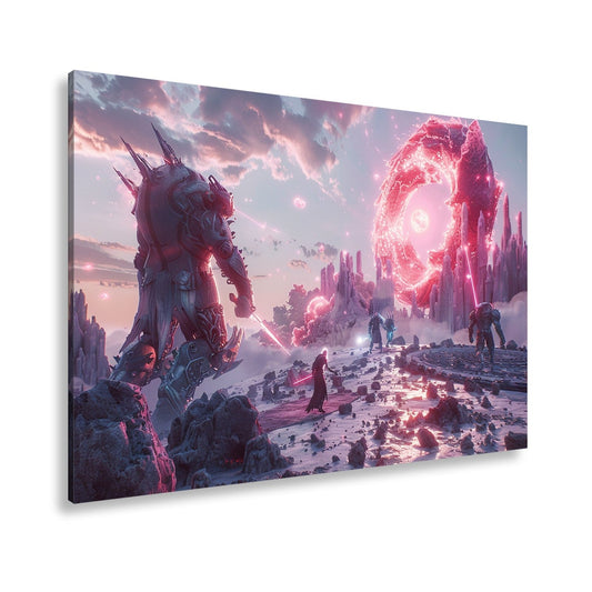 Leinwandbild Fantasy XXL – Epischer Kampf in neonleuchtender Fantasiewelt - deyoli