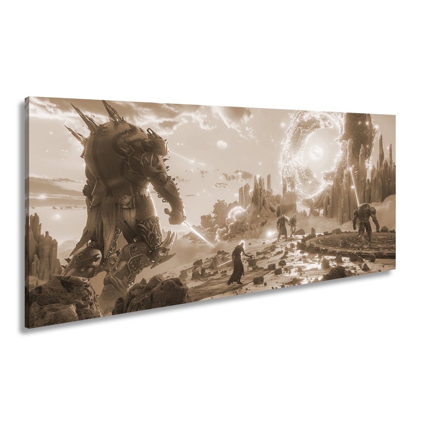 Leinwandbild Fantasy XXL – Epischer Kampf in neonleuchtender Fantasiewelt - deyoli