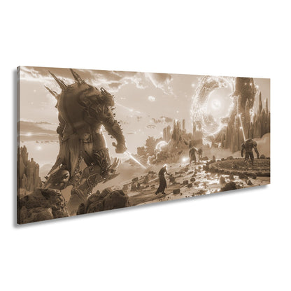Leinwandbild Fantasy XXL – Epischer Kampf in neonleuchtender Fantasiewelt - deyoli