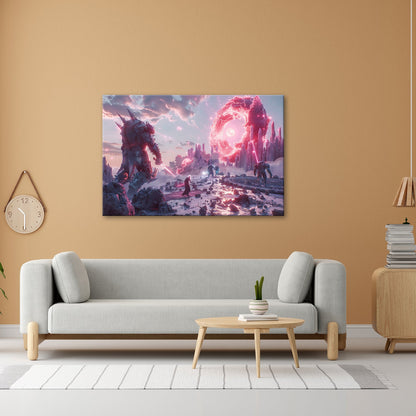 Leinwandbild Fantasy XXL – Epischer Kampf in neonleuchtender Fantasiewelt - deyoli