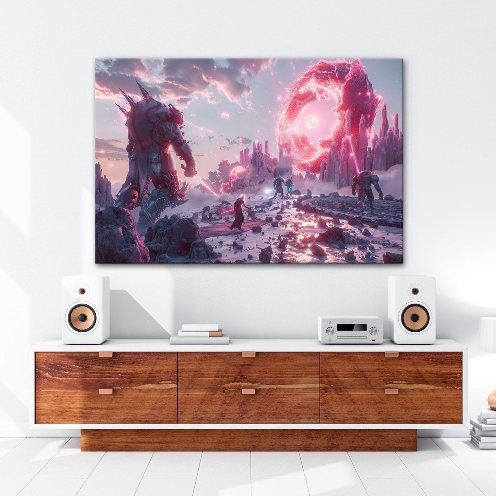 Leinwandbild Fantasy XXL – Epischer Kampf in neonleuchtender Fantasiewelt - deyoli