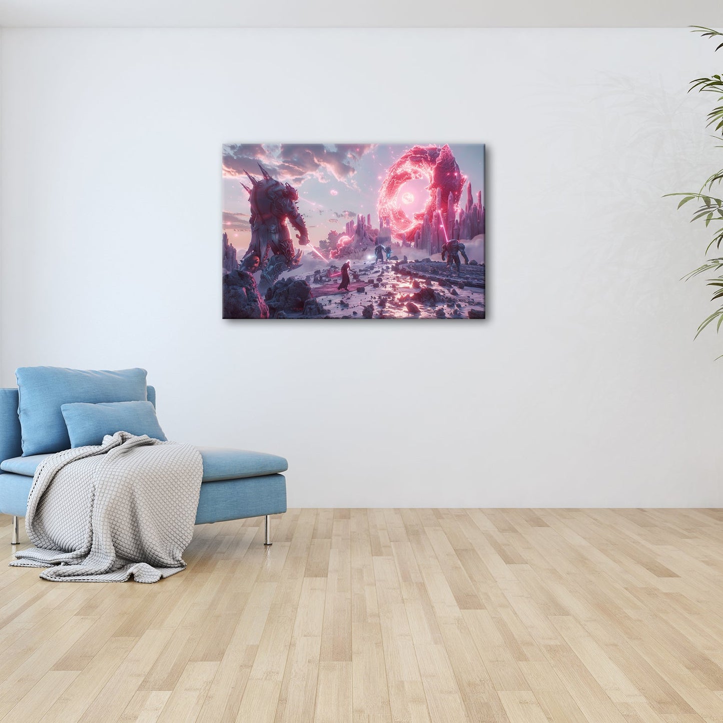 Leinwandbild Fantasy XXL – Epischer Kampf in neonleuchtender Fantasiewelt - deyoli