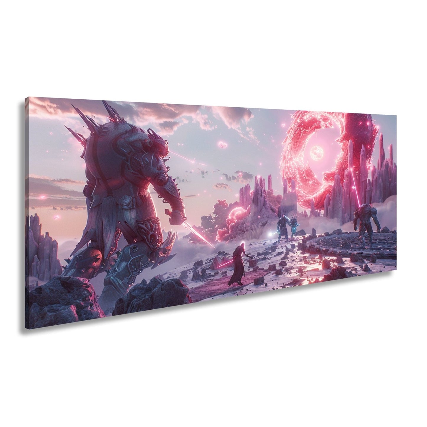 Leinwandbild Fantasy XXL – Epischer Kampf in neonleuchtender Fantasiewelt - deyoli