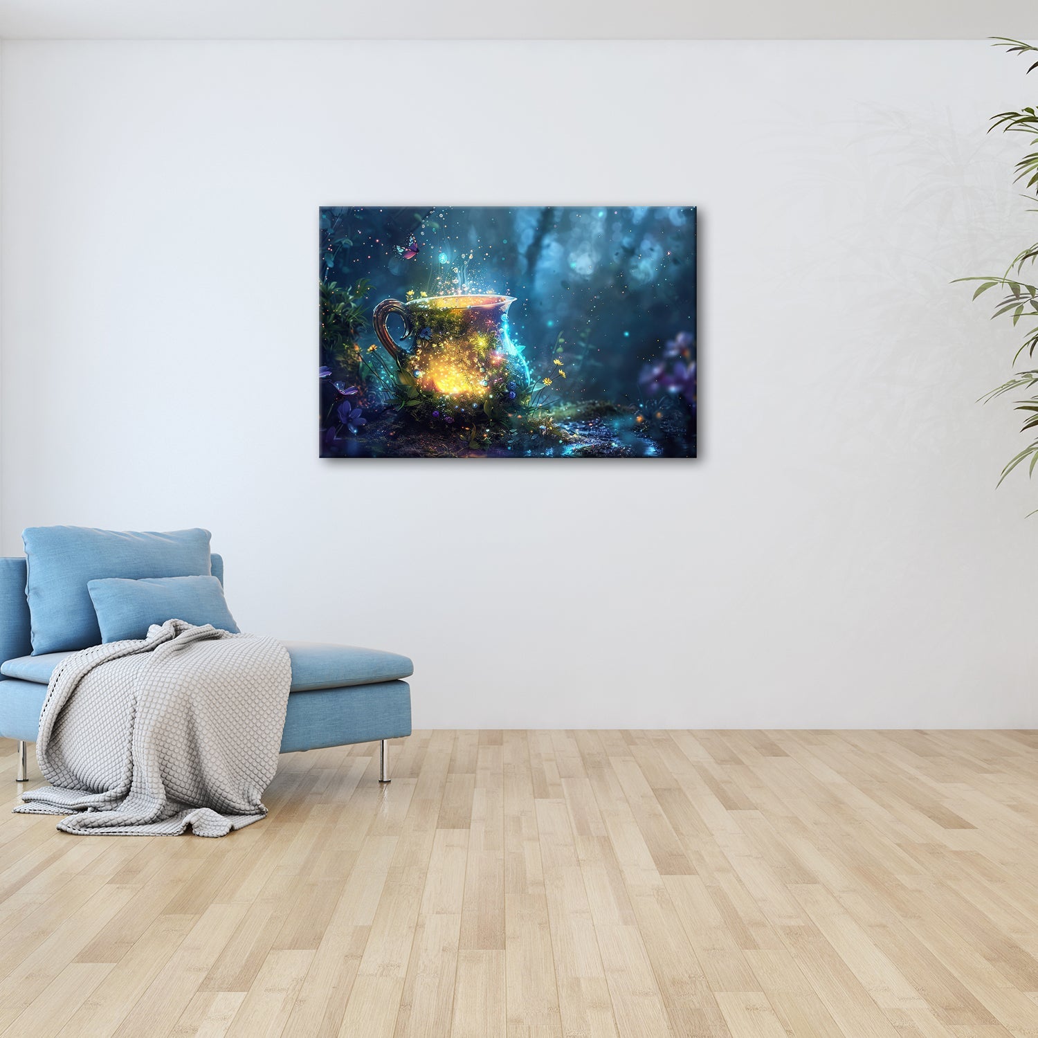 Leinwandbild Fantasy XXL – Magischer Kelch voller Licht im Zauberwald - deyoli