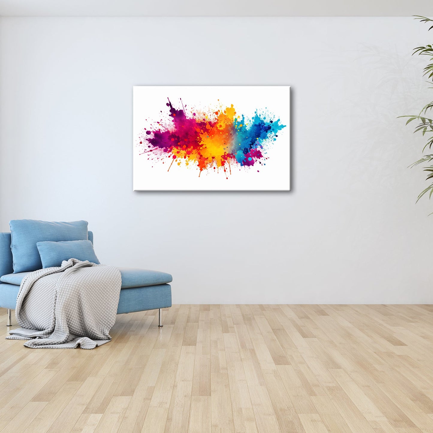 Leinwandbild Farbenexplosion tanzt wild auf weißer Leinwand. - deyoli