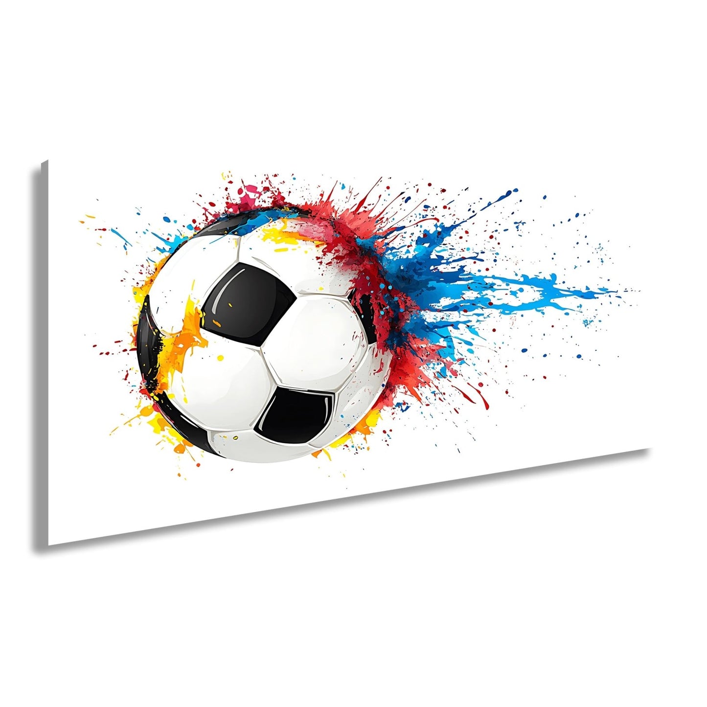 Leinwandbild Farbenexplosion trifft Fußball – Dynamik auf weißer Bühne. - deyoli