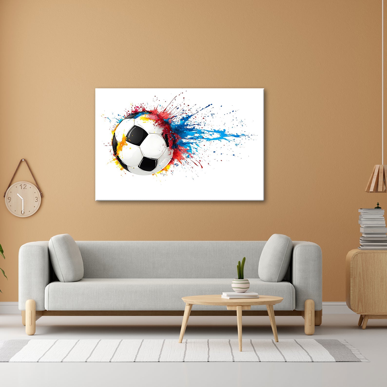 Leinwandbild Farbenexplosion trifft Fußball – Dynamik auf weißer Bühne. - deyoli