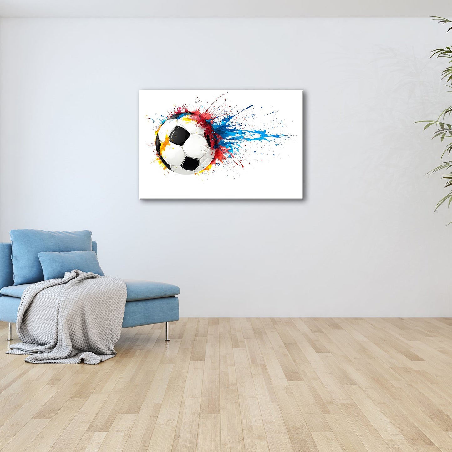 Leinwandbild Farbenexplosion trifft Fußball – Dynamik auf weißer Bühne. - deyoli