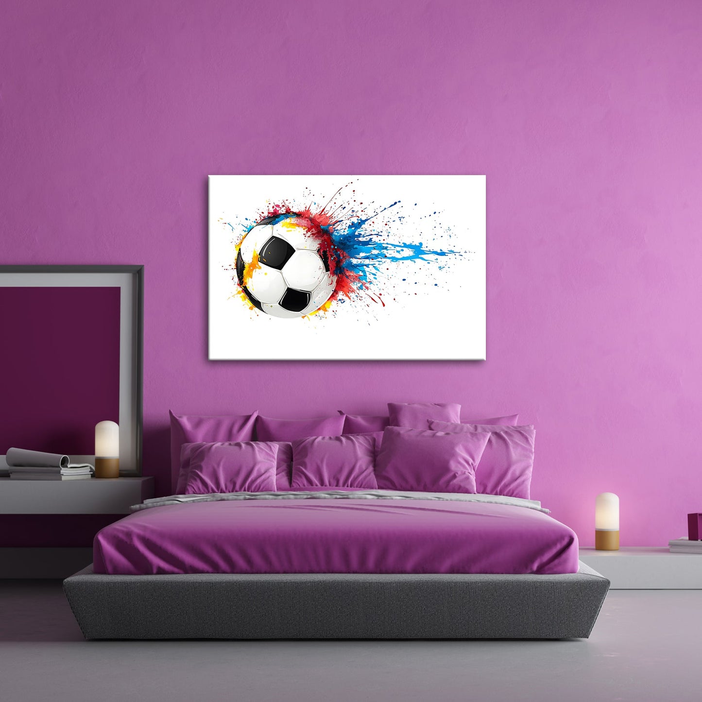 Leinwandbild Farbenexplosion trifft Fußball – Dynamik auf weißer Bühne. - deyoli