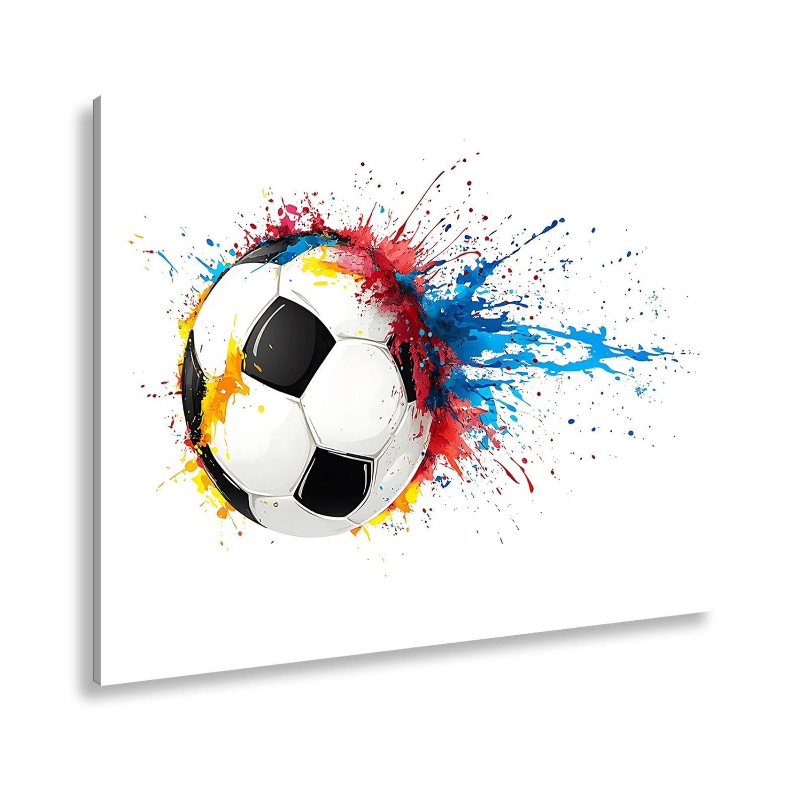 Leinwandbild Farbenexplosion trifft Fußball – Dynamik auf weißer Bühne. - deyoli