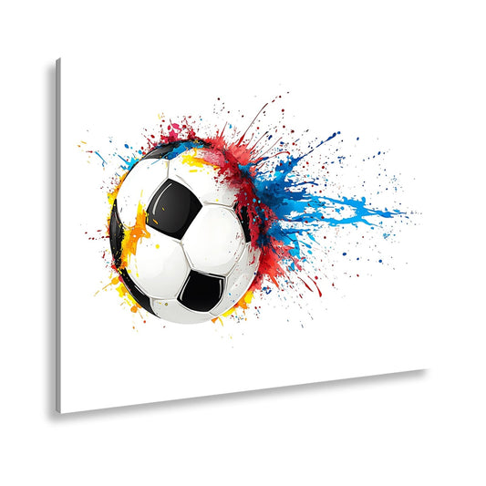 Leinwandbild Farbenexplosion trifft Fußball – Dynamik auf weißer Bühne. - deyoli