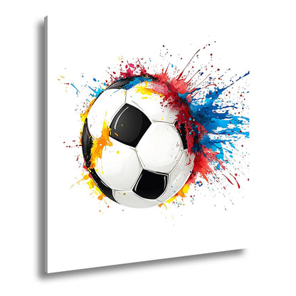 Leinwandbild Farbenexplosion trifft Fußball – Dynamik auf weißer Bühne. - deyoli