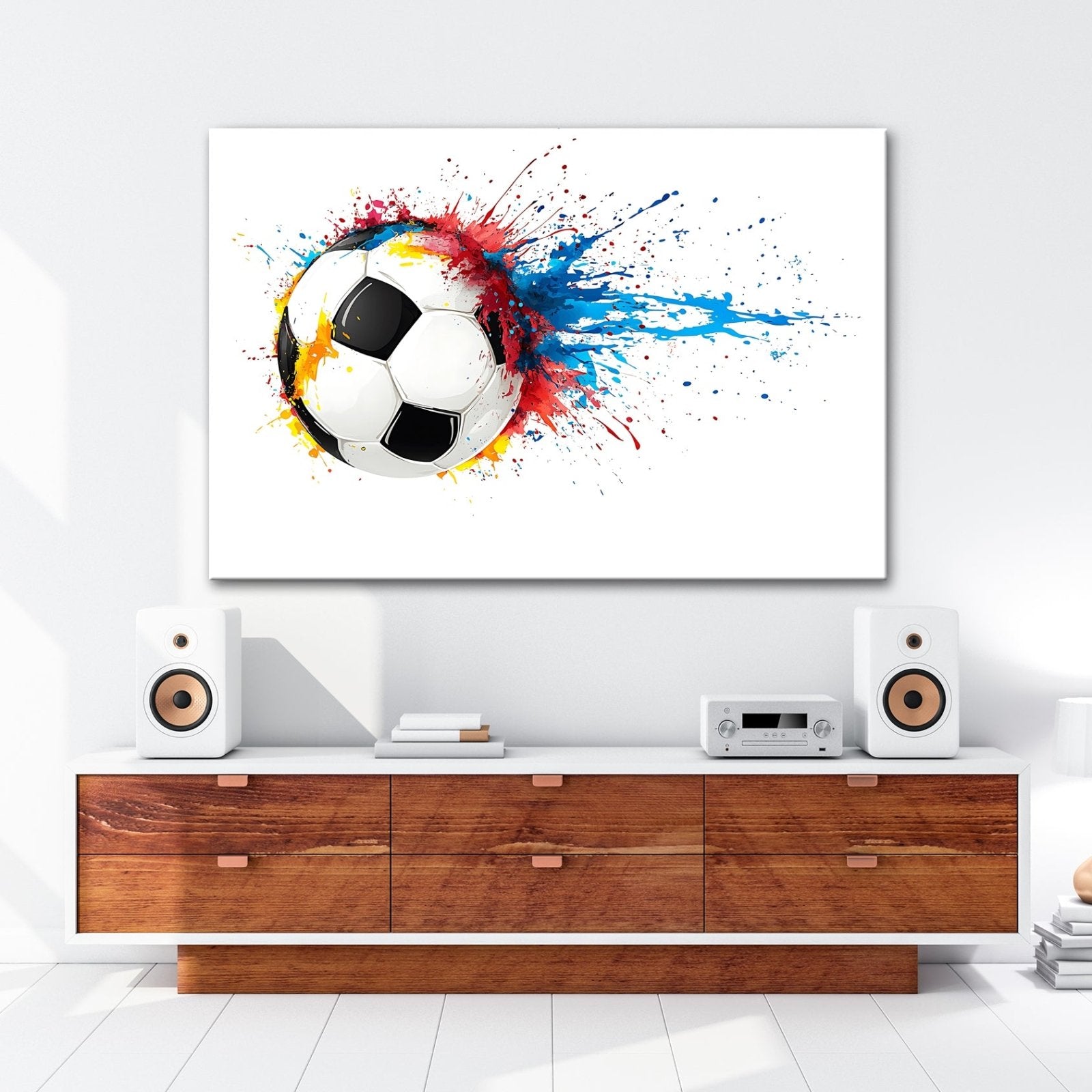Leinwandbild Farbenexplosion trifft Fußball – Dynamik auf weißer Bühne. - deyoli