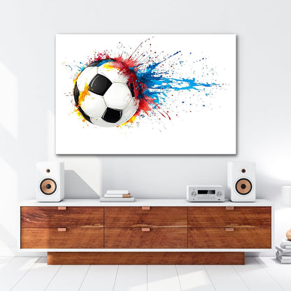 Leinwandbild Farbenexplosion trifft Fußball – Dynamik auf weißer Bühne. - deyoli