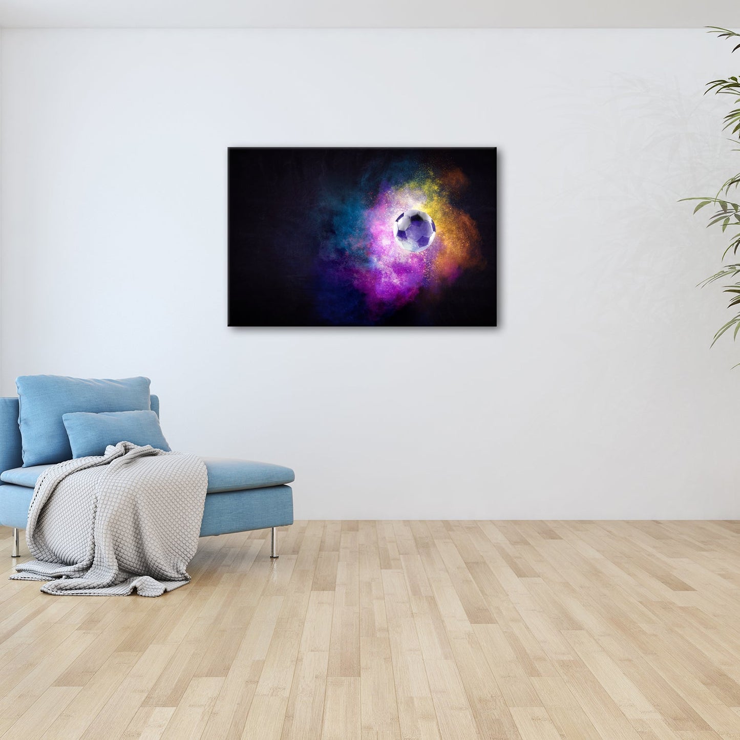 Leinwandbild Farbenexplosion trifft Fußball – ein Spiel wie aus dem Kosmos. - deyoli