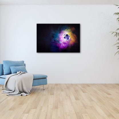 Leinwandbild Farbenexplosion trifft Fußball – ein Spiel wie aus dem Kosmos. - deyoli