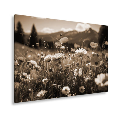 Leinwandbild Farbenfrohe Wiesenblumen tanzen vor Bergkulisse. - deyoli