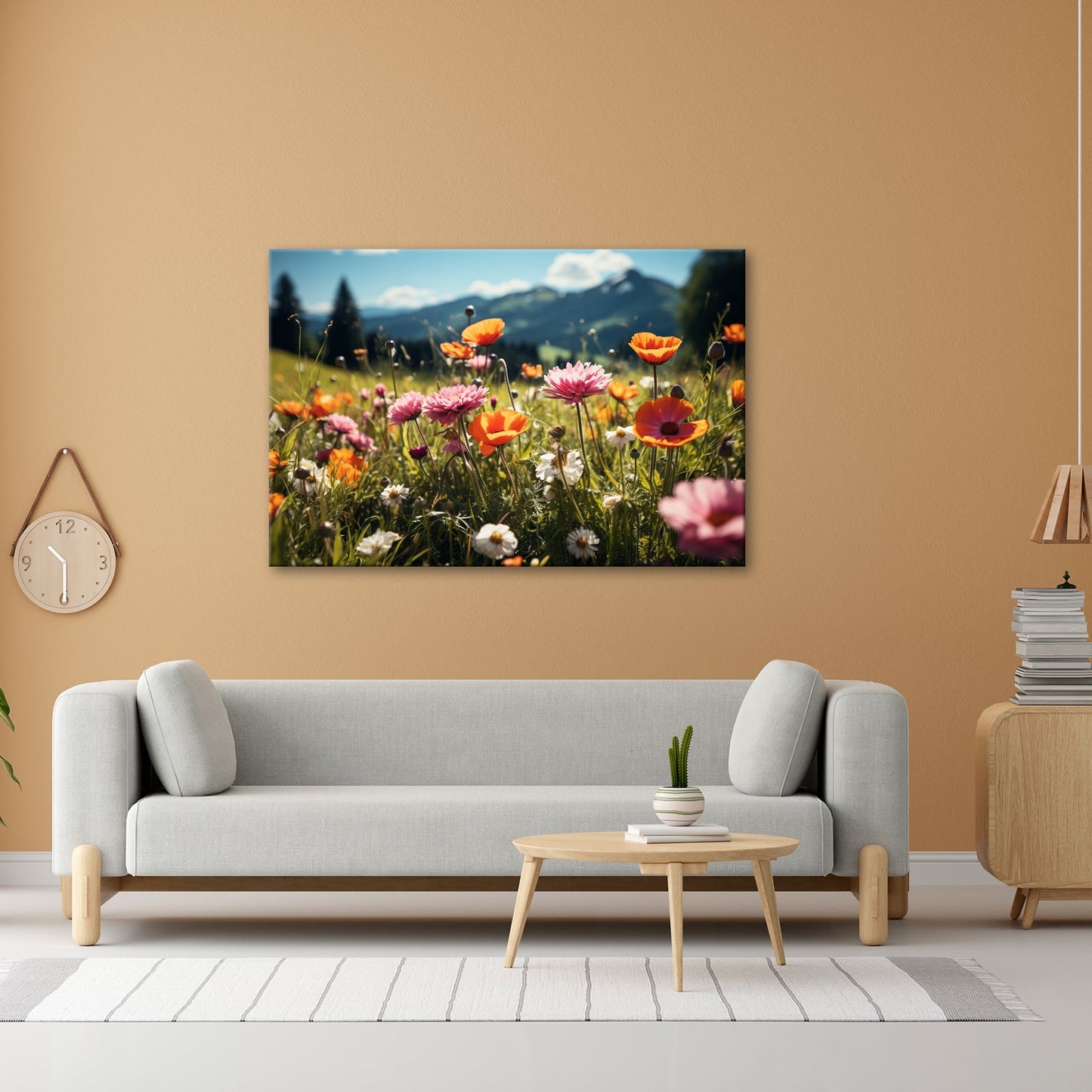 Leinwandbild Farbenfrohe Wiesenblumen tanzen vor Bergkulisse. - deyoli