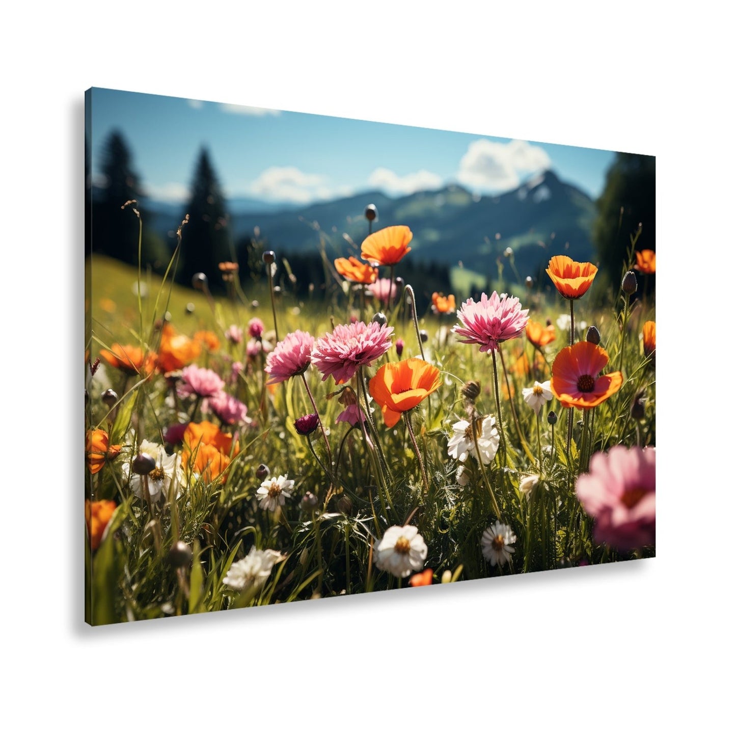 Leinwandbild Farbenfrohe Wiesenblumen tanzen vor Bergkulisse. - deyoli