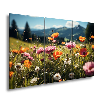 Leinwandbild Farbenfrohe Wiesenblumen tanzen vor Bergkulisse. - deyoli