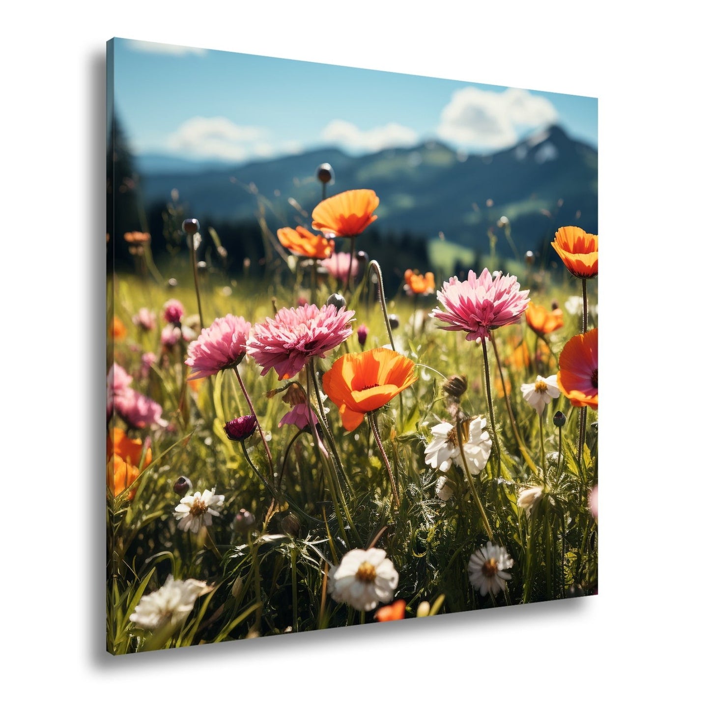 Leinwandbild Farbenfrohe Wiesenblumen tanzen vor Bergkulisse. - deyoli